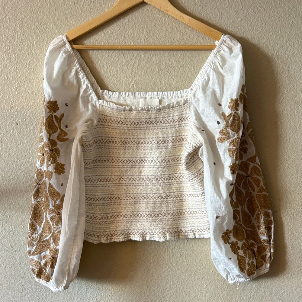 Anthropologie White Cropped Peasant Top with Tan Embroidered Sleeves